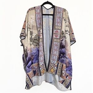 CITRON Santa Monica Boho Floral Open Cream Black Purple Kimono, 1X